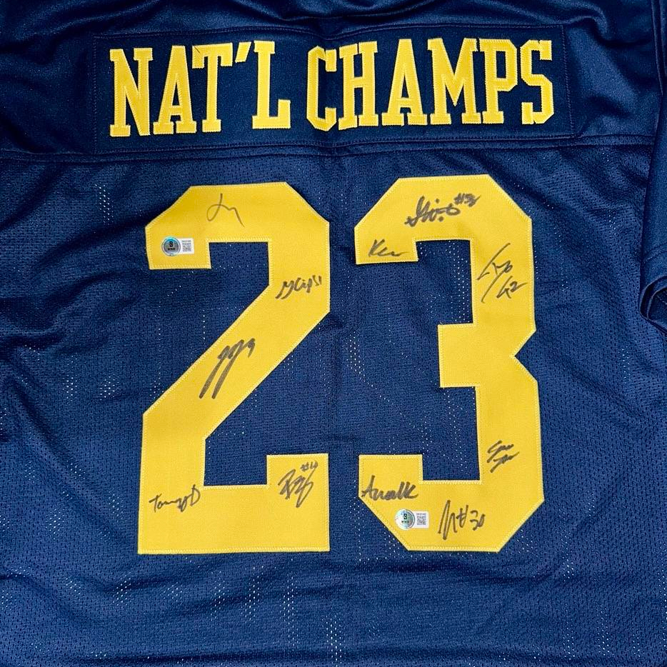 Michigan 2023 National Champs Team Signed Jersey: McCarthy,Doman, McBurrows, Crippen, Berry, El-Hadi, Harris, Guy, Taylor, Rolder, Walker - Beckett COA